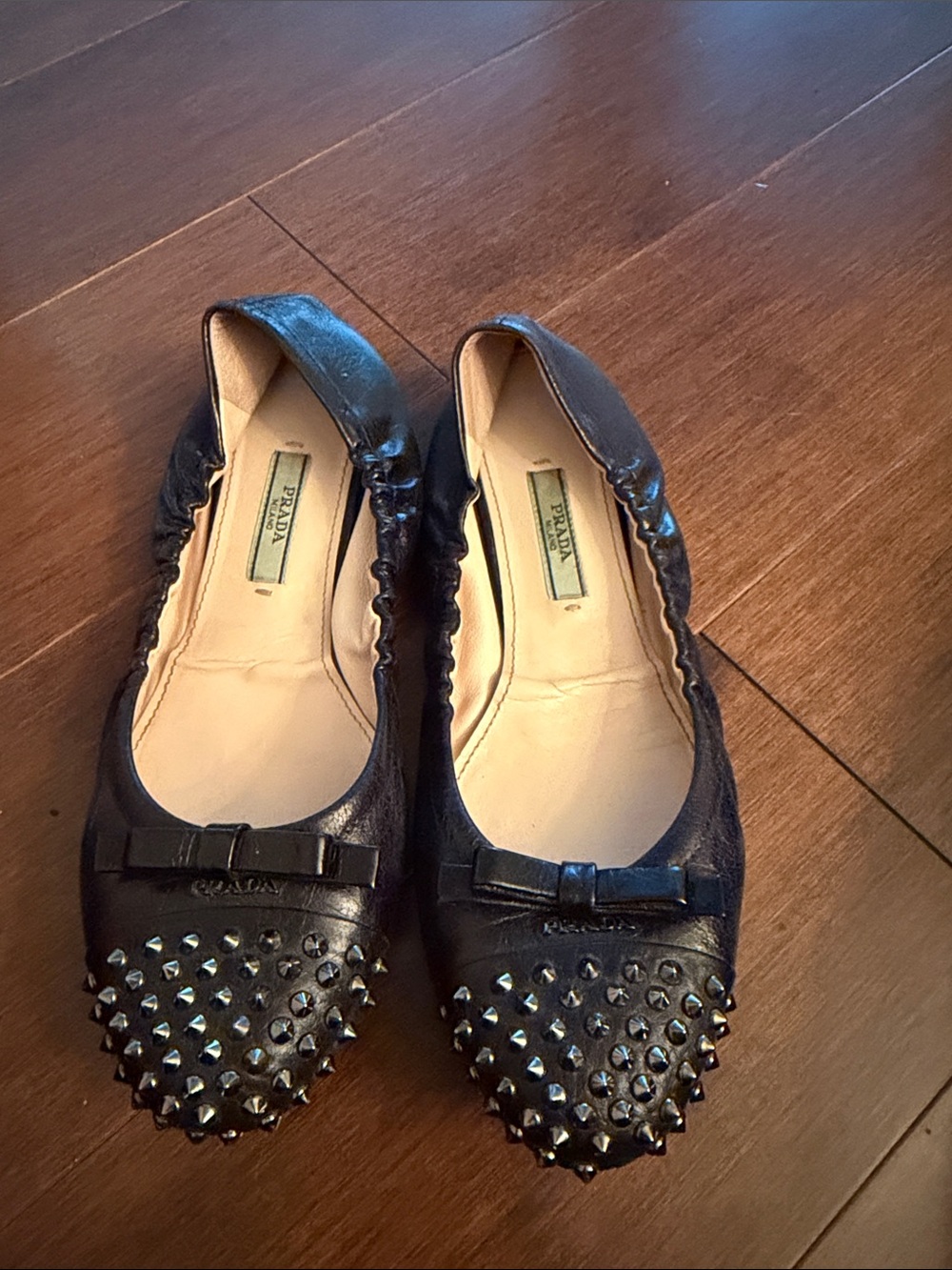 Prada Black Studded Leather Ballet Flats with Bow